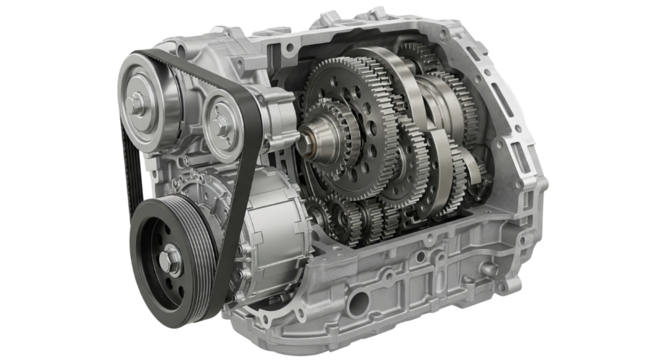 Detailed cross section view of a modern automotive transmission system showcasing internal gears and belt drive mechanism - Powered by Adobe