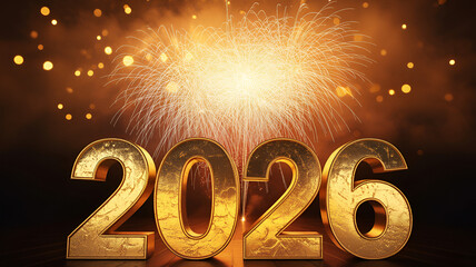 Stunning golden 3D numerals announcing the arrival of the spectacular New Year 2026 celebration with bright fireworks