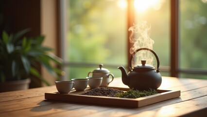 Glass teapot with steaming herbal tea and fresh mint leaves on wooden tray next to white cup in cozy sunlit morning setting, concept of relaxation ritual, wellness beverages, healthy morning