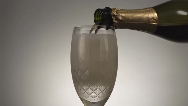 Glass engraved with the number 35. Champagne bottle fills the glass with alcohol. Celebrating milestone, anniversary or birthday