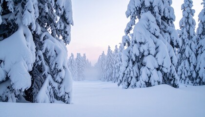 Misty Nordic Pine Forest Covered in Snow at Dawn Winter Landscape