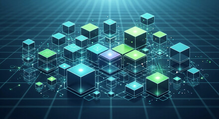 Dynamic digital network of glowing cubes representing blockchain data structures and futuristic technology infrastructure in abstract cyberspace