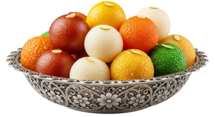 Assortment of colorful Indian sweets like Gulab Jamun and Rasgulla served in an ornate silver bowl