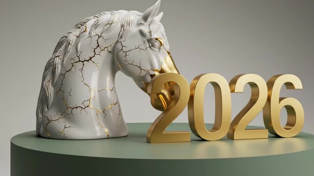 White horse head sculpture with gold cracks approaching golden 2026 numerals. Minimalist new year symbol in kintsugi style. Elegant decorative animation sequence.