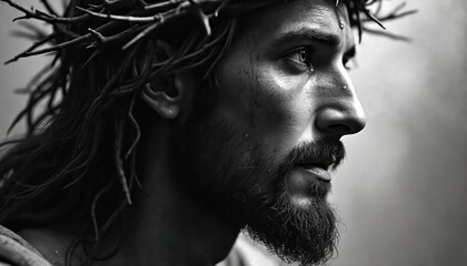 Religious man wears thorny crown. Sweat glistens on his face showing struggle, pain. Male figure conveys deep emotion, contemplation, sacrifice for faith, humanity. Editorial illustration style.