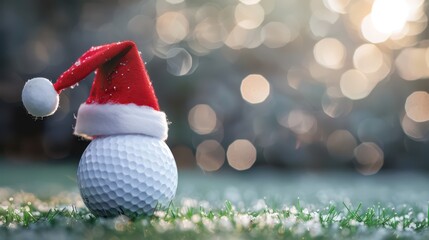 Festive golf theme with santa hat on golf ball against blurred christmas lights. Horizontal banner. Copy space. White golf ball decorated with santa hat. For golf club, sports store