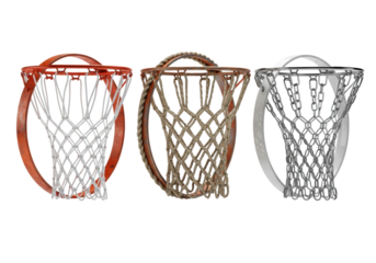 three detailed basketball hoops: white nylon, aged beige rope, and silver chain nets on orange rims, high-contrast pbr rendering against transparent studio, concept of diversity and goals