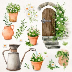 Watercolor garden scene with door flowers and decorative elements