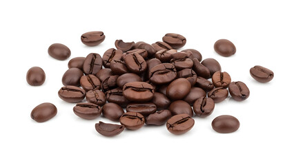 Aromatic dark roasted coffee beans scattered on a white surface, representing a vital ingredient for invigorating morning beverages and a source of natural energy