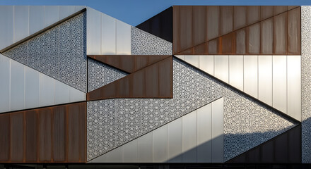 Modern Geometric Facade with Perforated and Corroded Panels