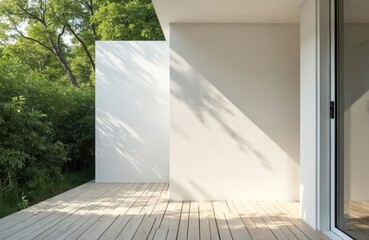 Fototapeta premium Modern minimalist patio with wooden deck, white wall overlooking rich green trees. Sunlight casts dappled shadows on clean exterior space. Inviting outdoor area perfect for relaxation, quiet