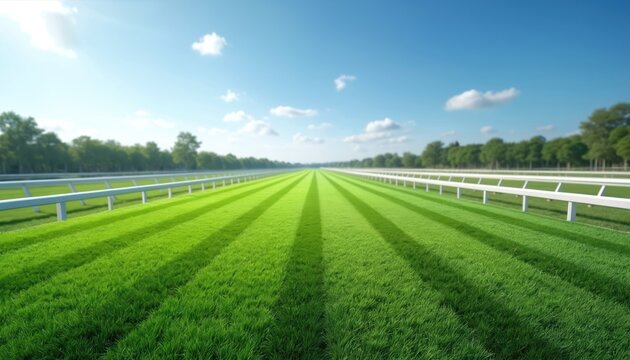 Illustration presents a horse racing track under a clear blue sky. Bright green grass makes a visual appeal. White fences border the racecourse. Trees line the background providing depth.