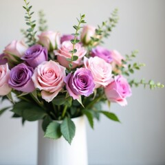 Obraz premium Beautiful fresh pink and purple roses with green foliage in a white vase