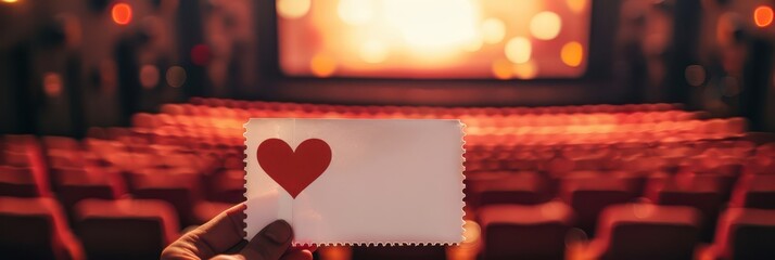 Romantic cinema experience on valentine day with heart symbol in theater. Horizontal banner. Copy space. Mock-up, template for cinema or theatre. White card with heart in hand, cinema background