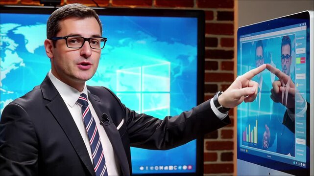 Businessman in suit pointing at a digital world map display next to a large computer screen