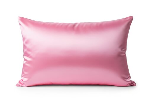 Smooth, lustrous pink satin pillow lies horizontally against a stark white background.