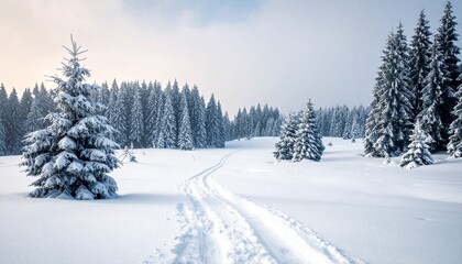 Snow-covered landscape with trees and a path through a winter forest in the early morning light