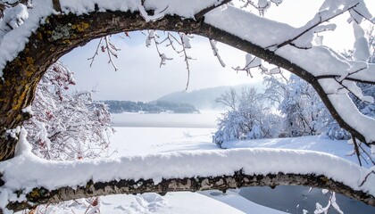 Snow-covered trees frame a frozen lake surrounded by hills on a winter day in a snowy landscape