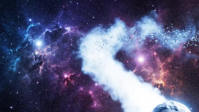 Celestial comet hurtling through cosmic nebula cloud