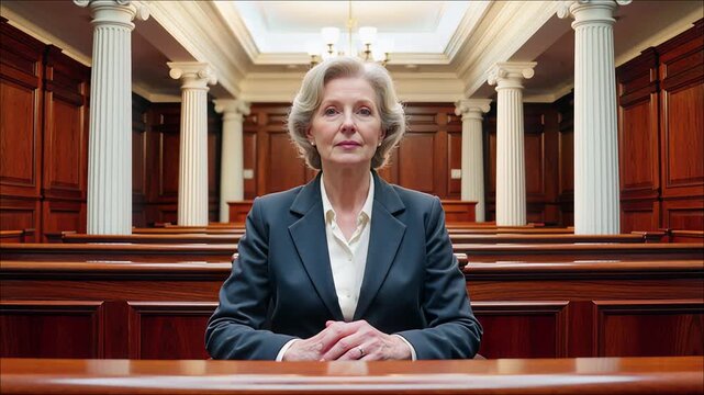 Mature female lawyer in business suit sitting seriously at a wooden desk inside a formal courtroom