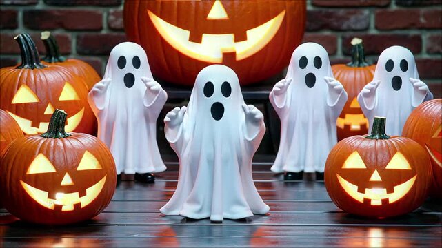 Glowing jack o' lanterns surround small cartoon ghosts arranged on a dark wooden surface