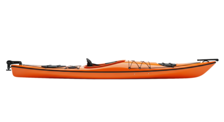 bright orange, sleek single-person touring kayak, polyethylene hull detail, black accents, perfect 90-degree side profile shot, isolated on transparent studio background. concept of durable