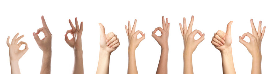 People showing thumbs-up and ok gestures on white background, closeup of hands. Collection