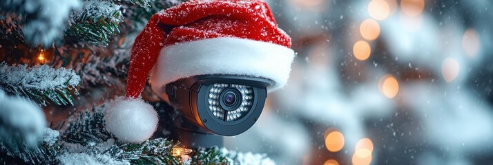 Surveillance camera with Santa hat beside Christmas tree in snowy environment