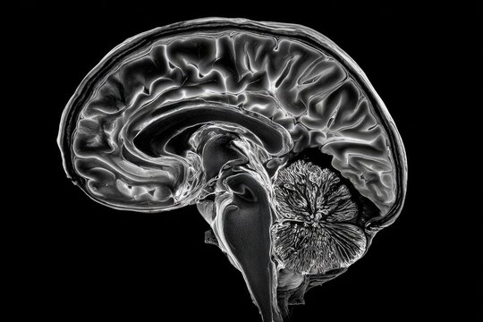 A grayscale sagittal section of the human brain, showcasing intricate anatomical details