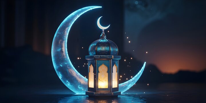 Illuminated crescent moon and ornate lantern symbolizing ramadan and islamic traditions