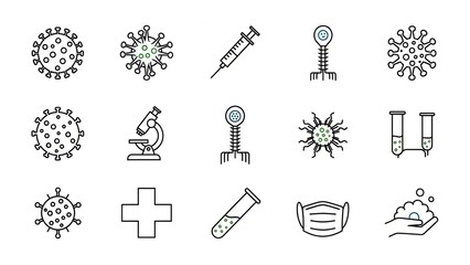 Science and healthcare icon set representing virus, medical equipment, and hygiene practices