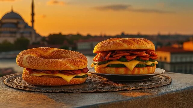 Traditional Turkish simit sandwiches with cheese, vegetables, and sliced sausage, photographed at sunset with a mosque silhouette in the background.