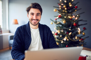 Portrait of young freelancer working at home during Christmas season