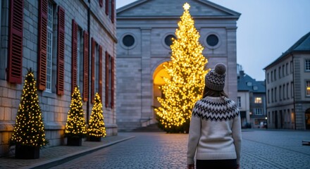 Woman watching the brightly illuminated Christmas tree and holiday lights in an old European city square.