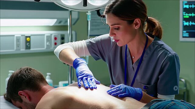 Nurse examining shirtless patient's back with blue gloved hands in illuminated hospital examination room