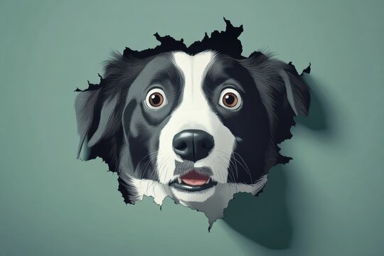 Dog with expressive face breaking through a wall in minimalist graphic design layout