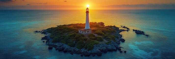 Island view with lighthouse at sunset captured by drone in 8K resolution