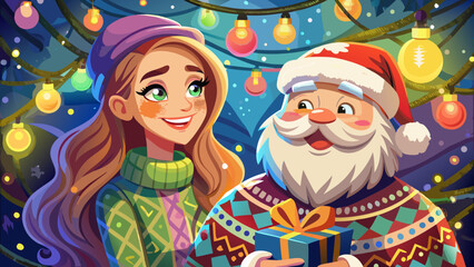 Naklejka premium Very beautiful close-up portrait of a smiling woman in a colorful winter sweater as Santa Claus stands beside her, gently handing her a wrapped Christmas gift under soft festive lights. 