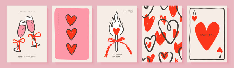 Set of playful Valentine's Day greeting card designs, in bright line art and sketch style, featuring champagne glasses, a match with fire, a pattern of hearts and an ace of hearts playing card, vector © Liliya