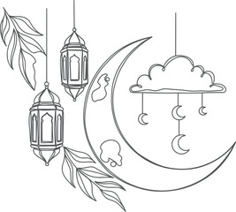 Ornate crescent moon with hanging lanterns and celestial decorations