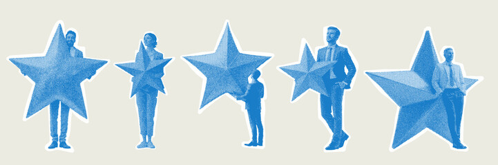 Halftone graphic collage of business person with large star representing quality service and customer review