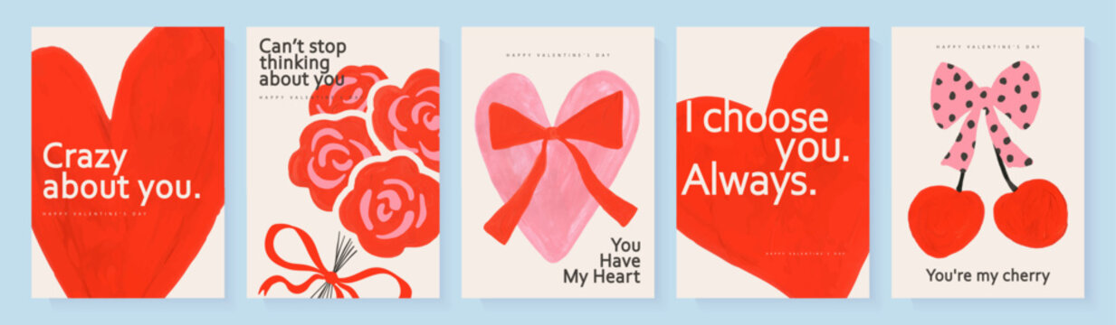 A set of romantic Valentine's Day greeting card designs. Expressive, hand-drawn style with watercolor and gouache textures, featuring abstract hearts, a bouquet of roses, and cherries. Vector