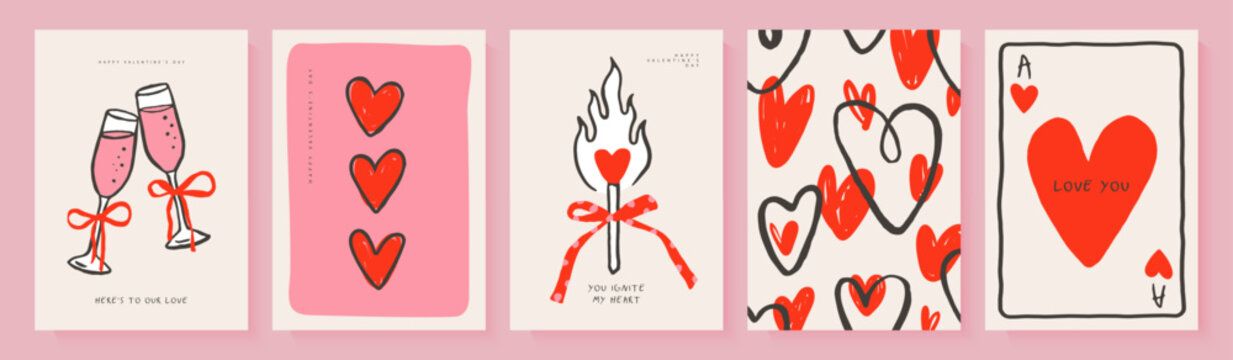 Set of playful Valentine's Day greeting card designs, in bright line art and sketch style, featuring champagne glasses, a match with fire, a pattern of hearts and an ace of hearts playing card, vector