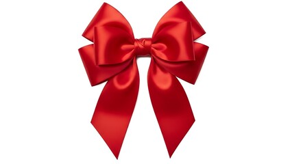 A large, luxurious, deep red satin gift bow with elegant folds, isolated on a pure white background.