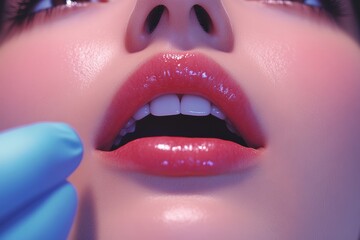 Obraz premium Dentist examines woman's mouth in a minimalistic setting with 8K resolution detail