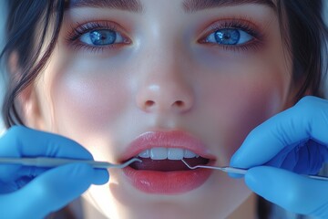Dentist checks teeth of woman with blue eyes and gloved hands in a minimal setting