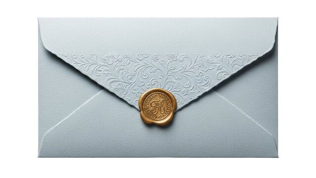 Isolated light blue envelope with a golden seal for a special occasion or event invitation