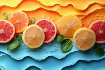 Colorful fruit display showing lemon and grapefruit slices on bright, textured backgrounds in 8K