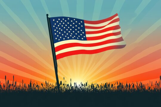 US flag displayed during political rally with sunset in background