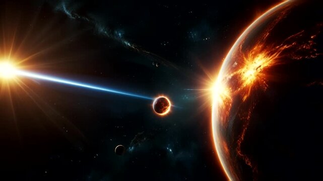 
a large planet is seen that appears to be undergoing destruction or a massive eruption, illuminated by the rising sun or a very bright light source, creating a fiery silhouette